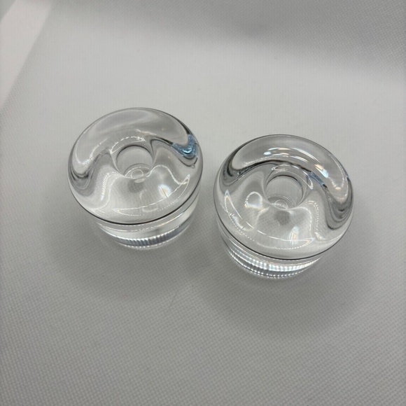 Orrefors Swedish Crystal Glass Puck Candlestick Holder, 2pc set, Signed, Vintage - Picture 5 of 7